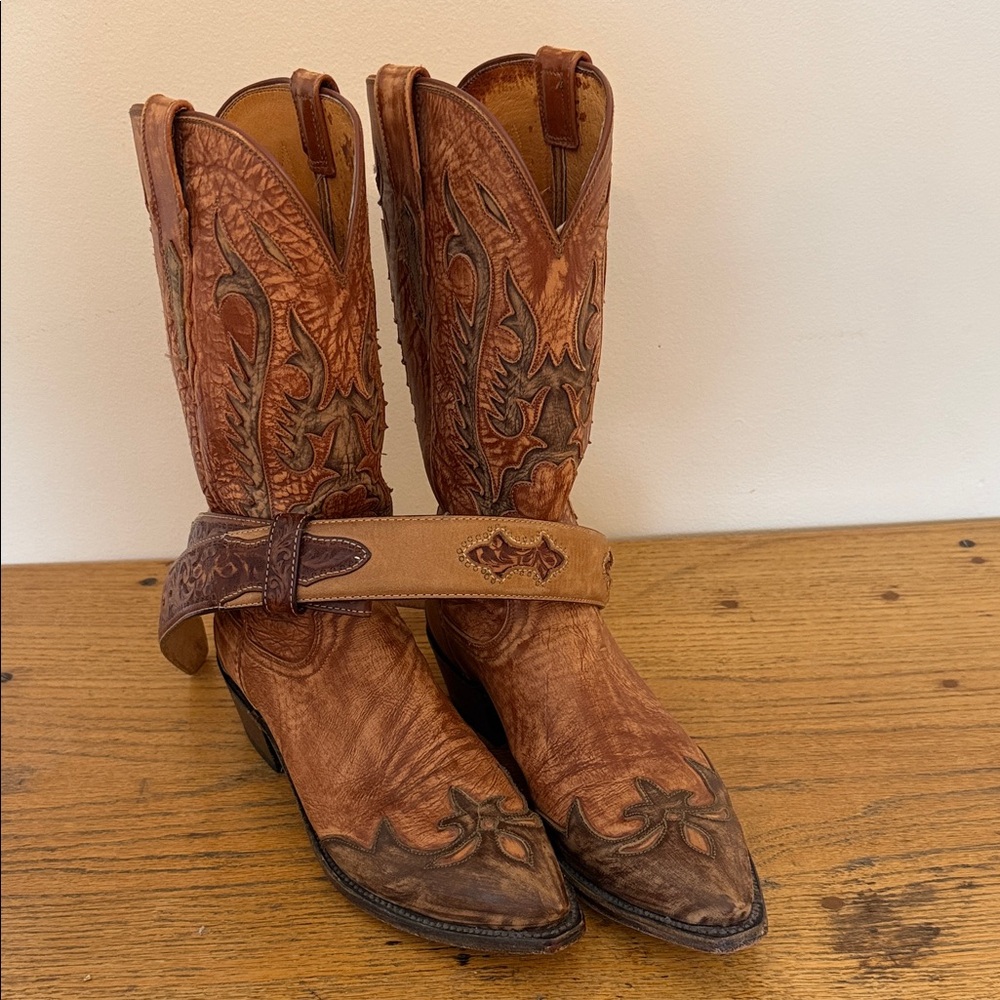 Distressed Brown Western Leather Boots from  Lucchese 1883 with belt Tony Lama